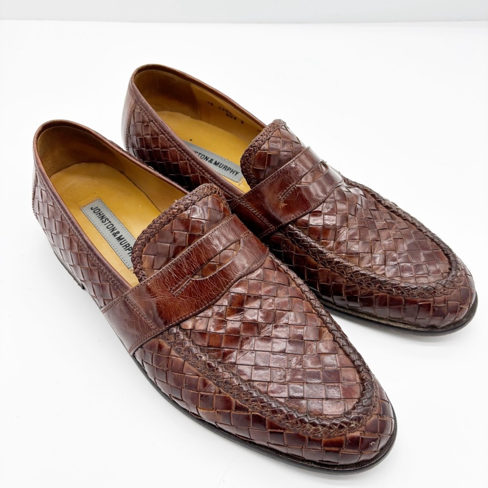 Johnston & Murphy Brown Woven Leather Penny Loafers - Deep Brown